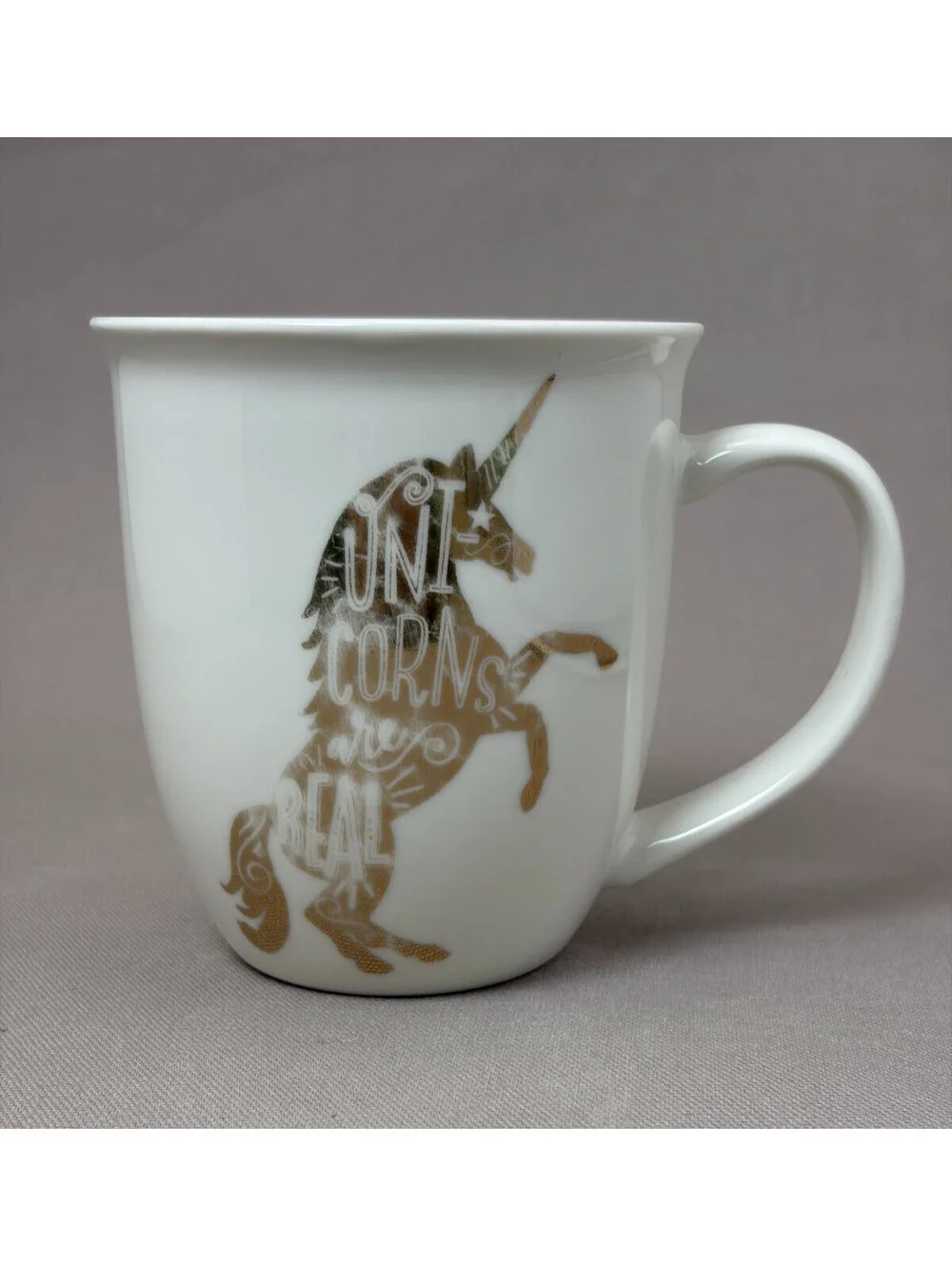 Pfaltzgraff Coffee Mug Unicorns Are Real Metallic Gold White Ceramic Cup 14 oz